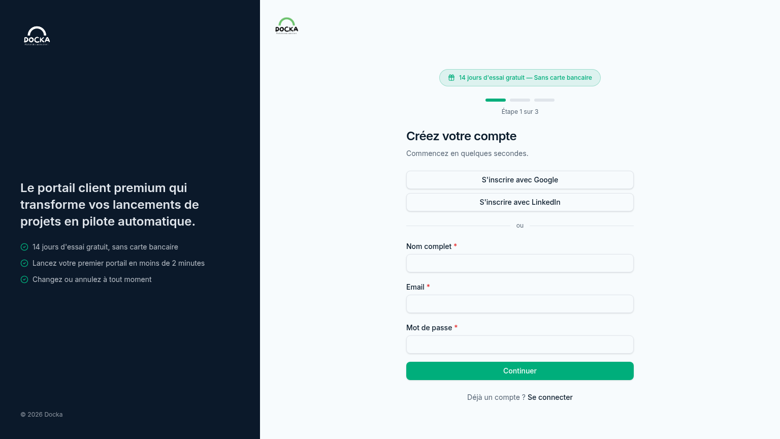Création de compte Docka — formulaire d'inscription gratuite au portail client B2B avec 14 jours d'essai sans carte bancaire