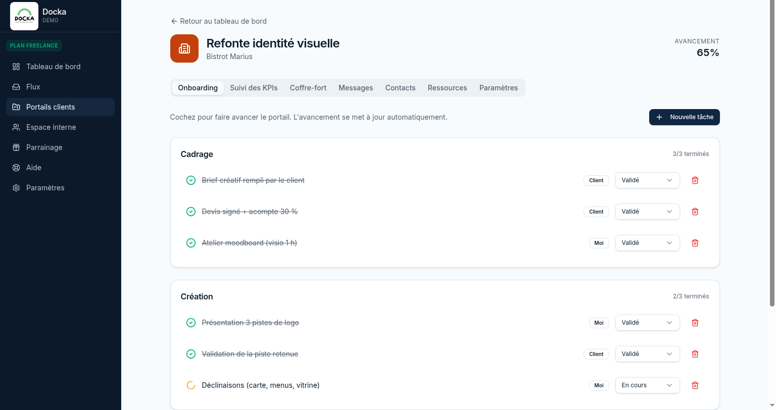 Onboarding client Docka — checklist de tâches organisée par étape (Cadrage, Création) avec statut, responsable et avancement automatique du portail